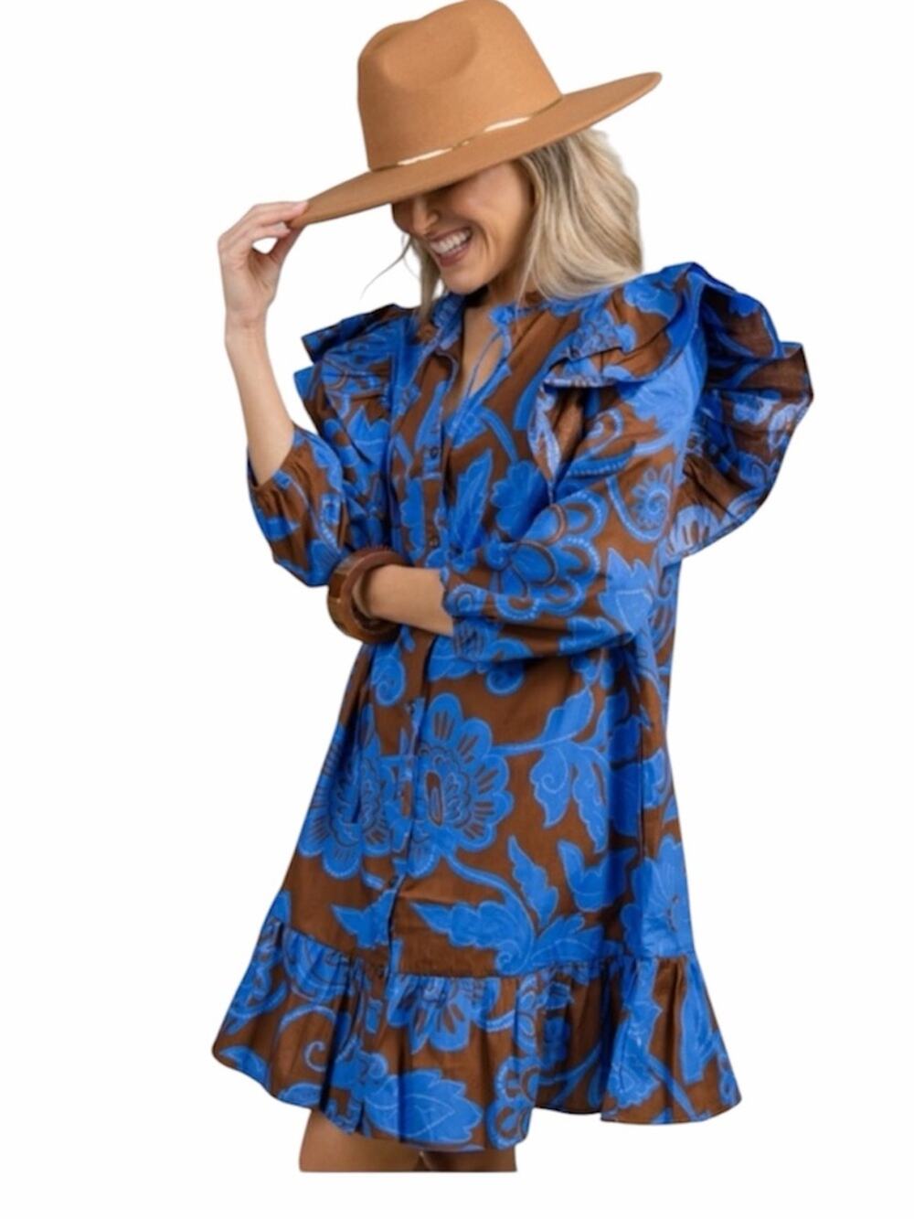 Sugarlips | Ofelia Floral Sammy Ruffle Drop Waist Dress Buttons Blue Brown Small